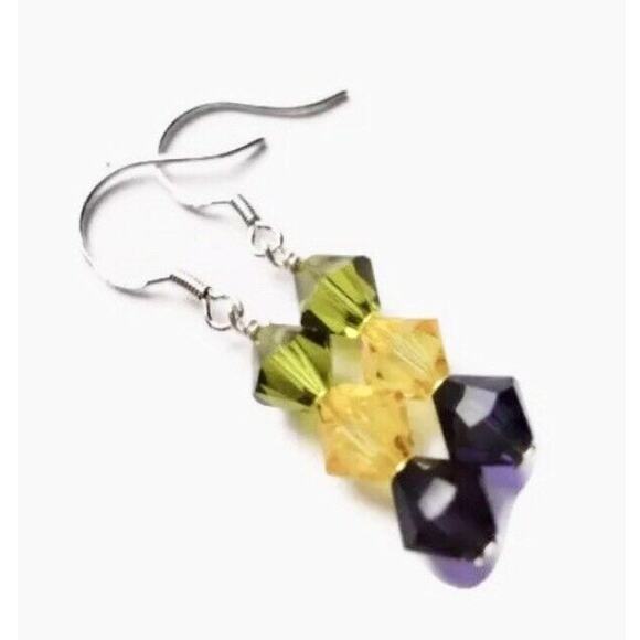 Hand Crafted Jewelry - Green Yellow Violet Purple Swarovski Crystal Beaded Sterling Silver Earrings